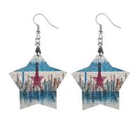 Chicago Flag City Skyline on Brick Wall Printed Wooden Earrings Pendants Lightweight Dangle Drop Earring Charms Gifts for Women