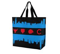Chicago Flag Skyline Sports Painting Reusable Grocery Bag Large Capacity Foldable Shopping Tote with Inner Pocket