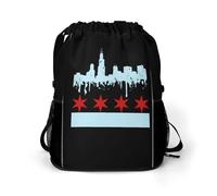 Chicago Flag Skyline Trendy Drawstring Backpack Lightweight Gym Bag with Shoes Compartment Printed String Daypack