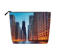 Chicago Illinois USA Fake Hemp Makeup Bag Single Layer Zipper Pouch Women Accessories Black One Size Black One Size, Black/White, One Size