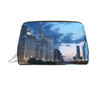Chicago Illinois USA Leather Makeup Bag, Large-Capacity Travel Storage Bag, Dual-Purpose Toiletries and Makeup Bag