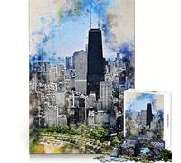 Chicago in Watercolor Jigsaw for Adults1000 Pieces Cognitive Skill Soothing Downtime Solid Lock Ideal Xmas Gift (38x52cm)