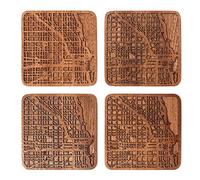 Chicago Map Coaster, Set of 4, Sapele Wooden Coaster with City Map, Handmade
