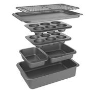 Chicago Metallic 7 Piece Nesting Bakeware Set, Includes Roaster, 2 x 6 Cup Muffin Pans, Loaf Pan, Square Cake Pan, Baking Sheet and Cooling Rack. Nesting Design for Optimal Space Saving and Storage.