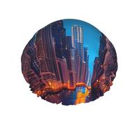Chicago Night Print Reusable Spa Salon Shower Cap For All Hair Lengths With Lining Elastic Band