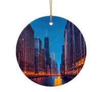 Chicago Night Print Round Flat Hanging Ornaments for Christmas Winter New Year Party Hanging Decorations