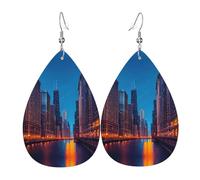 Chicago Night Printed Teardrop Leather Earrings, Fashion Water Drop Dangle Accessory for Holiday Party