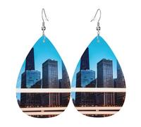 Chicago Reflect Print Leather Earrings - Dangle Drop Earrings, Lightweight Teardrop Jewelry, Costume Party Pendants