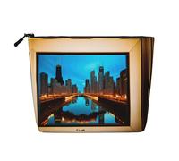 Chicago Reflected Print Fake Hemp Makeup Bag â€“ Travel Toiletry Pouch for Women, Daily Storage, Business Trips, and More