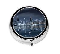 Chicago Reflected Print Pill Box for Pocket Round Pill Box 3 Compartment Decorative Portable Travel Pill Holder Tablet Vitamin Organizer Mini Pill Case(2pcs)