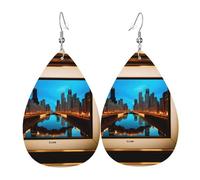 Chicago Reflected Printed Teardrop Leather Earrings, Fashion Water Drop Dangle Accessory for Holiday Party