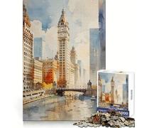 Chicago River Watercolor 1000 Piece Jigsaw Puzzles for Teenagers Critical Think Time Well Spent Firm Fit Unique Xmas Gift (50x75cm)