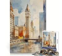 Chicago River Watercolor Jigsaw Puzzles for Adults1000 Piece Mental Exercise Peaceful Fun Snug Lock Great Gift (38x52cm)