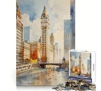 Chicago River Watercolor Teenagers 1000 Pieces Puzzle Brain Exercise Happy Idle Time Precision Cut Fine Xmas Gift (38x26cm)