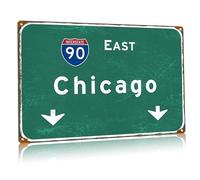 Chicago Road Metal Sign Interstate 90 East Directional Sign City Highway Directional Tin Plaque Airport Club Farmhouse Wall Decor 12x18 Inch
