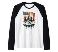 Chicago Skyline American Flag Vintage Graffiti Art Souvenir Raglan Baseball Tee
