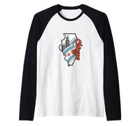 Chicago Skyline and Flag Inside Illinois Map Retro Travel Raglan Baseball Tee
