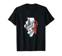 Chicago Skyline and Flag Inside Illinois Map Retro Travel T-Shirt