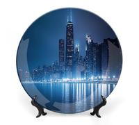 Chicago Skyline at Night Bone China Decorative Plate with Display Stand Ceramic Dinner Plates Wall Decor for Home Kitchen 8inch