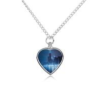 Chicago Skyline at Night Heart Silver Pet Urn Necklace Memorials Funerary Ashes Classic Pendant for Dog Cat Lover