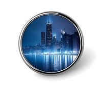 Chicago Skyline at Night Round Metal Brooches 1 Inch Memorial Badges Exquisite Decorations Pins for Clothing