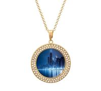 Chicago Skyline at Night Women's Round Diamond Necklace Vintage Alloy Pendants Multicolored Sparkly Jewelry