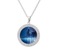 Chicago Skyline at Night Women's Round Diamond Necklace Vintage Alloy Pendants Multicolored Sparkly Jewelry
