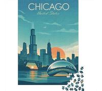 Chicago Skyline at Sunset Travel Puzzle 1000 Pieces, Famous Building Scenic Print, Interlocking Paper Pieces for Families, Weekend Hobby, 38x26cm/1000pcs