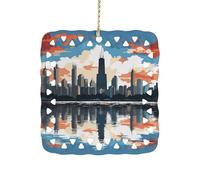 Chicago Skyline Ceramic Christmas Ornament Xmas Tree Hanging Pendant Double Sided Pattern Festive Square Ornament Holiday Home Party Decoration Gifts