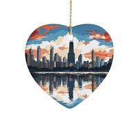 Chicago Skyline Ceramic Christmas Ornaments Double Sided Porcelain Hanging Heart Pendant for Xmas Tree, Holiday Home Decor and Gift Party Decorations