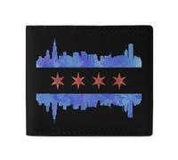 Chicago Skyline Flag Leather Wallet Slim Purse with ID Window RFID Blocking Bifold for Men Women