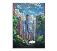 Chicago Skyline Illustration Wooden Jigsaw Puzzle for Adults, 300 PCS