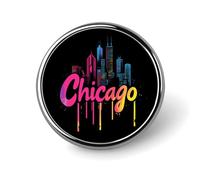 Chicago Skyline Novelty Brooches & Pins Round Personalised Metal Lapel Badge With Butterfly Clutch Clasp