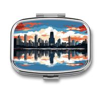Chicago Skyline Pill Box 2-Compartment Portable Pill Case Square Metal Medication Organizer Small Weekly Medication Case with Mirror Stylish Vitamin Holder for Purse Pocket Travel