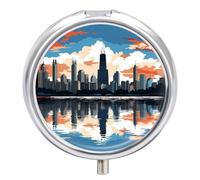 Chicago Skyline Pill Box 3-Compartment Travel Pill Organizer Portable Round Medicine Case with Mirror Design for Vitamins, Jewelry & Essentials Durable Pocket Pillbox for Purse, Camping