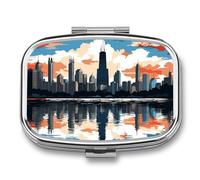 Chicago Skyline Pill Organizer Container for Travel, Metal 2 Compartment Square Pill Case, Portable Mini Medicine Box Pill Storage Case for Purse Pocket, Supplement Storage