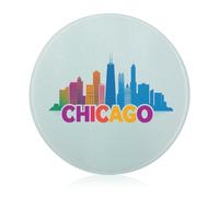 Chicago Skyline Printed Tempered Glass Cutting Board Round Non-Slip Chopping Block Easy to Clean 7.9"