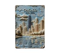 Chicago Skyline River View Print Retro Metal Tin Sign 8x12 Inch | 2D Flat, Vintage Metal Poster for Home, Gaming Room, Studio, Workshop, Bar, Garage Wall Art Decor