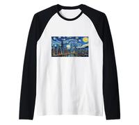 Chicago Skyline Starry Night Vintage Van Gogh Style Raglan Baseball Tee