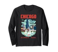 Chicago Skyline The Windy City Lake Michigan Sailing Retro Long Sleeve T-Shirt
