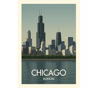 Chicago Skyline Wall Art Print, Illinois Cityscape Lake View, Urban Architecture Poster. Size A4