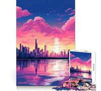 Chicago Sunset Pixel Art Jigsaw Puzzles for Adults1000 Piece Mental Exercise Peaceful Fun Snug Lock Great Gift (38x26cm)