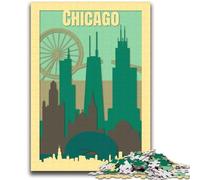 Chicago Travel Poster Jigsaw Puzzles for Adults Teenagers Jigsaws Puzzle, Stress Reliever Staycation Kill Time Enhance Love between Couples 2000pcs(70x100cm)