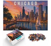Chicago Travel Poster - Urban Lakefront and S Jigsaw Puzzle, 1000 Piece | For cold evenings at home, this adult jigsaw puzzle with 1000 pieces makes a thoughtful puzzle gift for adults.