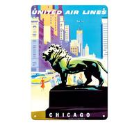 Chicago USA - Bronze Lion Statues - Art Institute of Chicago - United Air Lines - Vintage Airline Travel Poster by Joseph Binder c.1958-8 x 12 inch Vintage Metal Tin Sign