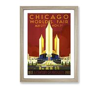 Chicago World Fair Vintage Framed Print | A3 Oak Framed Wall Art | Ready to Hang | Classic Map Picture | Living Room Bedroom Lounge Office