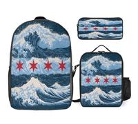ChicagoFlag Waves Backpack Set with Lunch Bag Pencil Case | 17 Inch,3 Pieces Set,Laptop Backpack,Travel Daypack,Pencil Pouch,Pencil Bag,Lunch Tote