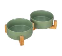 CHICAMPERA Ceramic Dog and Cat Bowls with Wood Stand, Practical Pet Feeding Bowls Featuring Spill Prevention and Stylish round Design for Daily Home Use