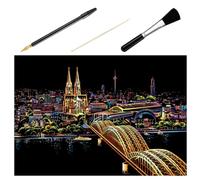CHICAMPERA DIY Pen Scratch View Picture Scratching 4pcs Night of Set Drawing with Bright Colours and Patterns Hidden Beneath Matte Coating, Paperboard Material with Gold-Plated Brush