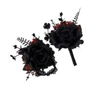 CHICAMPERA Gothic Bride Wrist Corsage Dark Boutonniere Black Silk Fabric Set for Weddings and Unique Celebrations